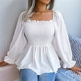 thumbnail image 2 of Women'S Long Sleeve Square Neck Lantern Shirred Ruffle Hem Smocked Peplum Babydoll Blouse Shirt Top White XL, 2 of 8