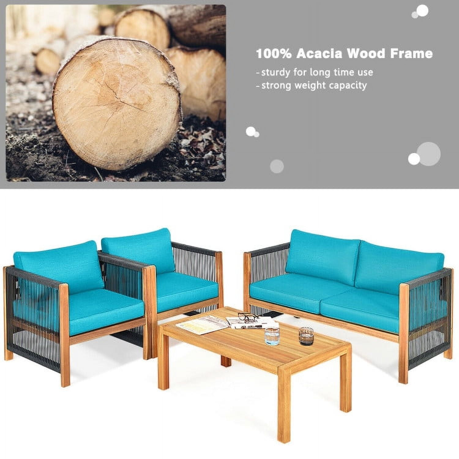 Aimee Lii 4 Pieces Acacia Wood Outdoor Patio Furniture Set with Cushions, Wooden Patio Furniture Set, Turquoise