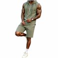 thumbnail image 2 of Mens 2 Piece Linen Outfits Sleeveless Hooded Tops Comfortable Shorts Workout Set Gym Tracksuit Sweatsuits Army Green XL, 2 of 5
