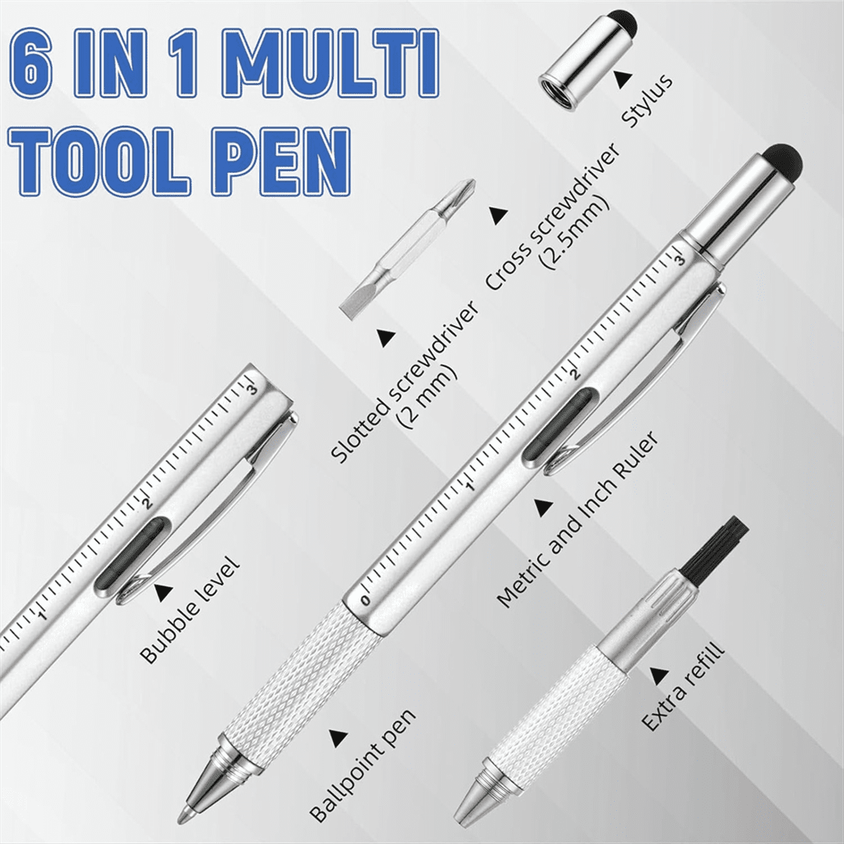 TOP! Men'S Tool Pen 6 in 1 Screwdriver Bulk Multi-Function with Refill Ruler Level Ballpoint