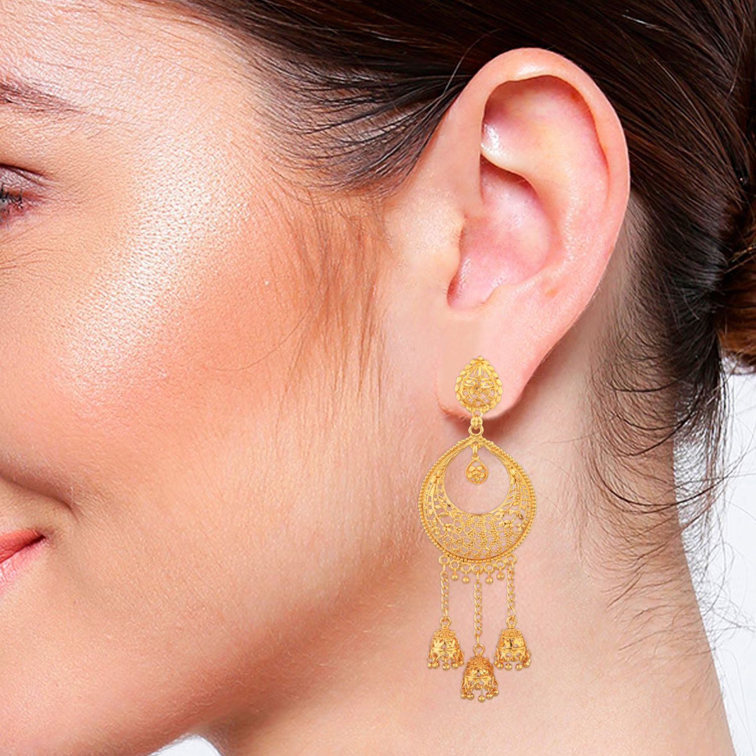 Gold Chandbali Earrings With Centered Pearl Drop – Bollywood Wardrobe