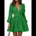 thumbnail image 1 of Vestido Mini de Larga con Escote en V Profundo para Mujer, Corte A, Cintura Alta, Informal, Fluido, Ideal para Invitadas de Boda. Verde M, 1 of 8