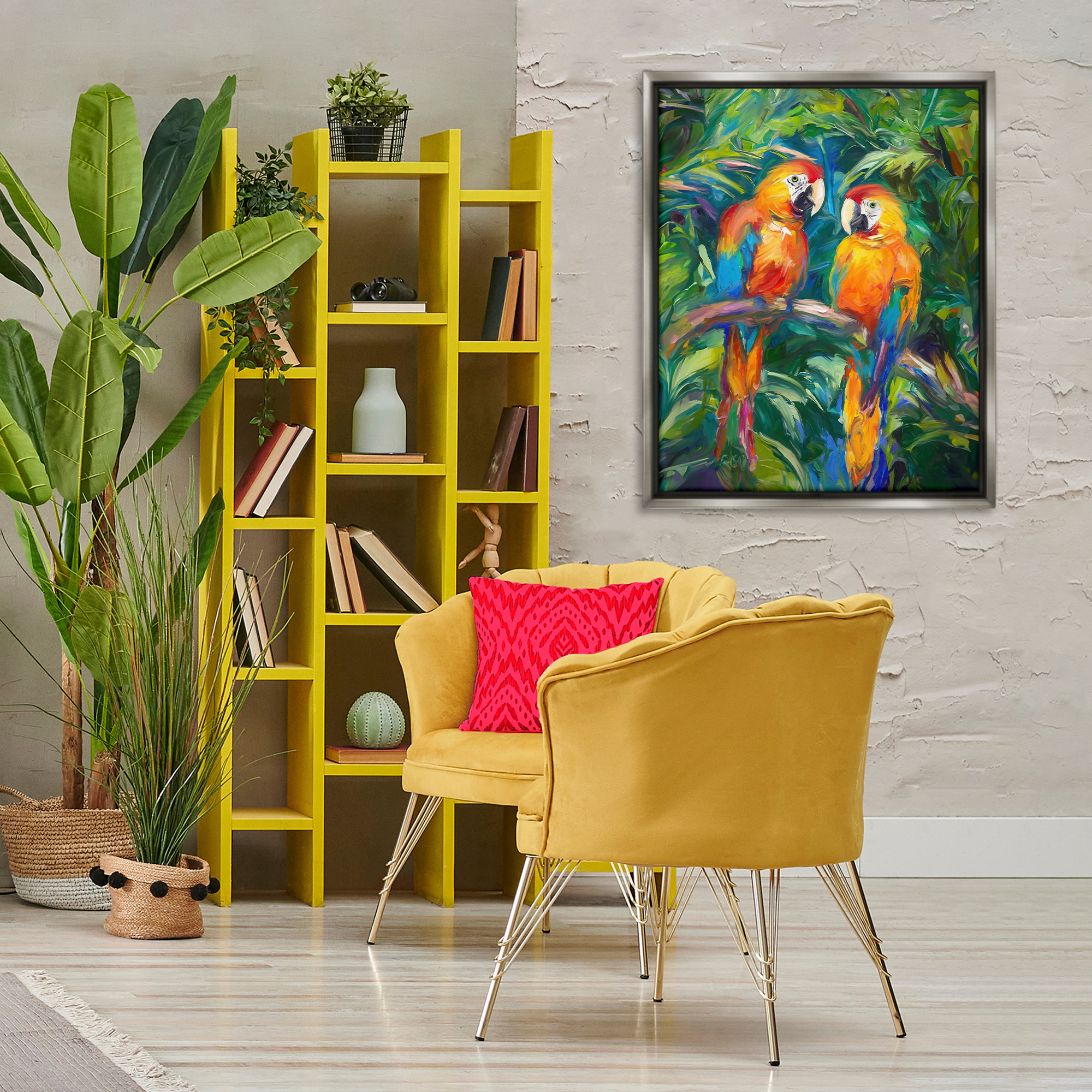 Stupell Industries Rainforest Parrot Branch Animals & Insects Painting Gray Floater Framed Canvas Art Print Wall Art, 25 x 31