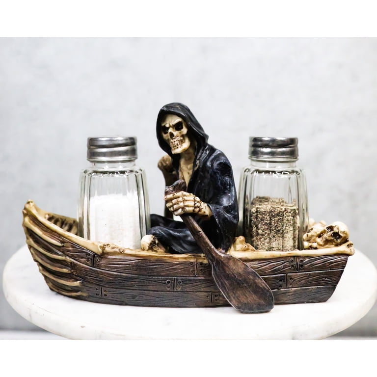 Grim Reaper Charon Skeleton Rowing Boat In River Styx Salt Pepper