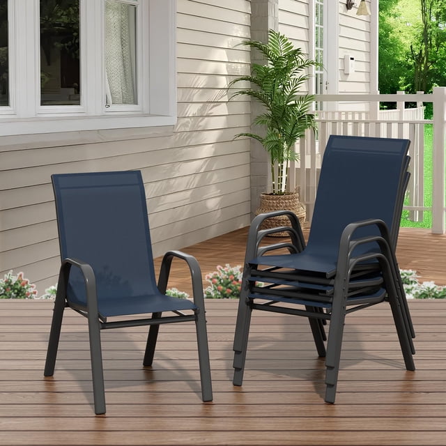 Stackable Patio Dining Chairs Set of 4 – Outdoor All-Weather Textilene Chairs with Armrests, High Back, 140kg Capacity, Lightweight, for Garden, Poolside & Deck – Black/Gray Frame & Navy Blue Textilen