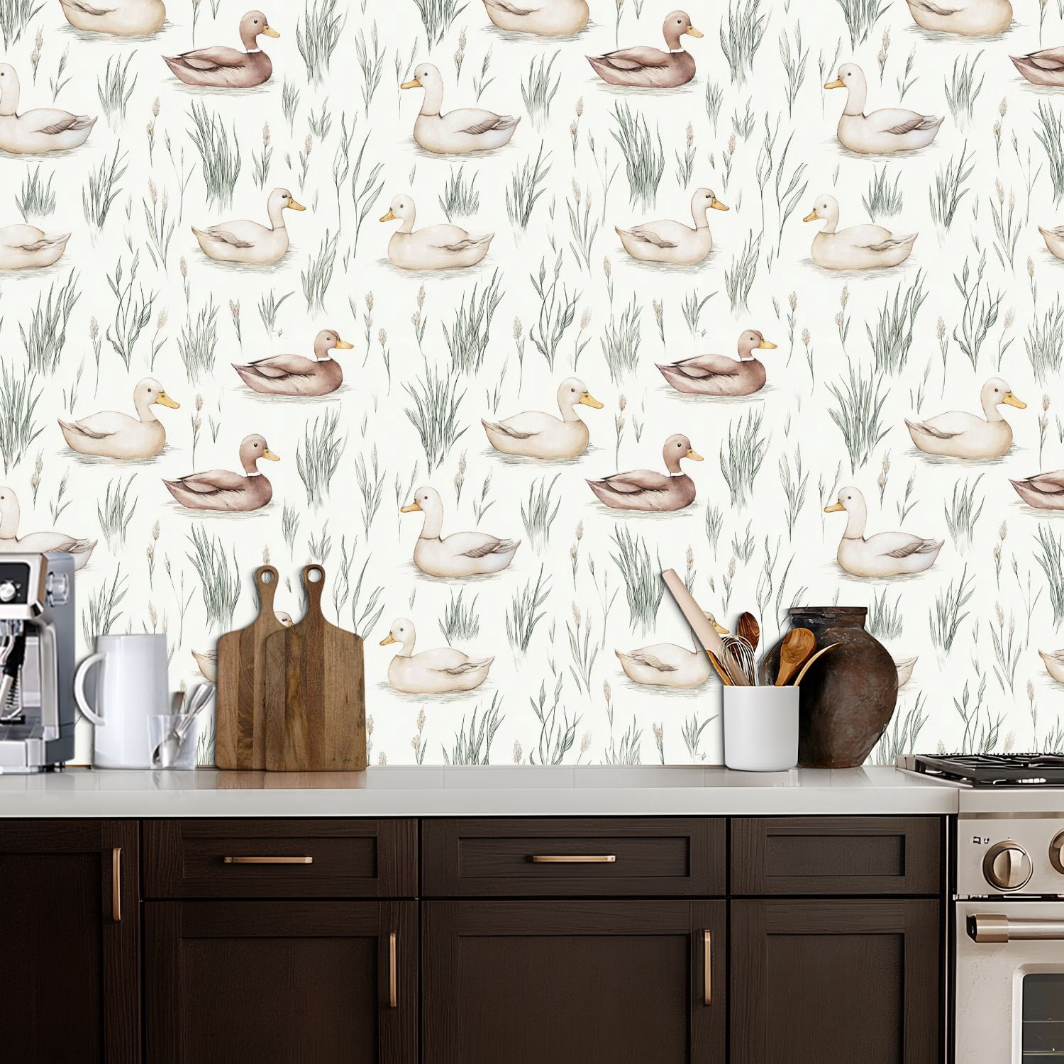 Peel and Stick Wallpaper Watercolor Ducks Seamless Reeds Soft Neutral Wall Mural 17.7in x 9.8ft Self Adhesive Removable Wall Paper Renter Friendly Wallpaper for Nursery Bedroom Cabinets