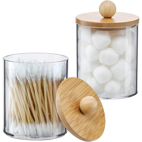 2 Pack Qtip Holder Dispenser with Bamboo Lids - 10 oz Clear Plastic Apothecary Jar Containers for Vanity Makeup Organizer Storage - Bathroom Accessories Set for Cotton Swab, Ball, Pads, Floss