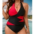 thumbnail image 6 of Plus Size Swimsuits for Curvy Women,One Piece High Waisted Swimwear,Summer Color Blocked Halter Criss Cross Bathing Suits L-5XL, 6 of 8