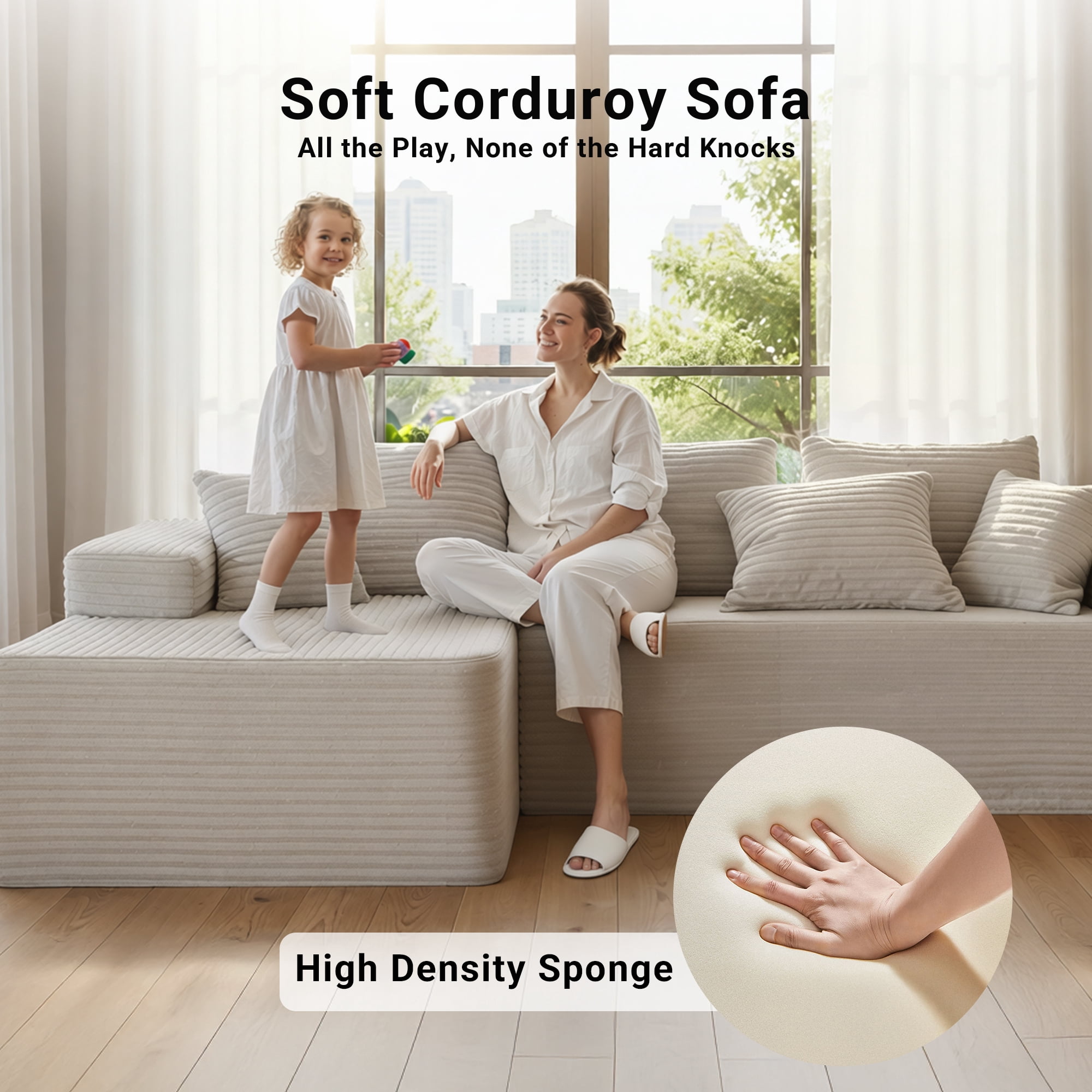 94" Sectional Sofa with Lounge, L-Shape Living Room Cloud Modular Convertible Sleeper Sofa, Corduroy Couch Deep Seat Sleeper Set,Bedroom Reversible Sofa W/Pillows,Beige,Left