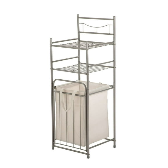 2-Shelf Steel Storage Shelf Unit with Hamper, Silver, Holds up to 20 lb Capacity