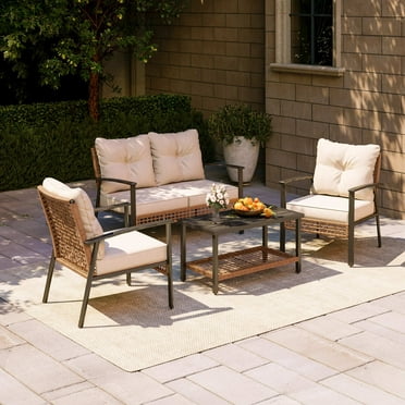 LAUSAINT HOME 4 Pieces Patio Furniture Set, Outdoor Conversation Set with 3 Chairs, 1 Metal Coffee Table and Plush Cushions
