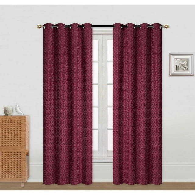 Set of two red jacquard curtains featuring an 8-grommet cubic pattern, each measuring 96 inches long, displayed hanging on a black curtain rod with gold finials in front of a window.
