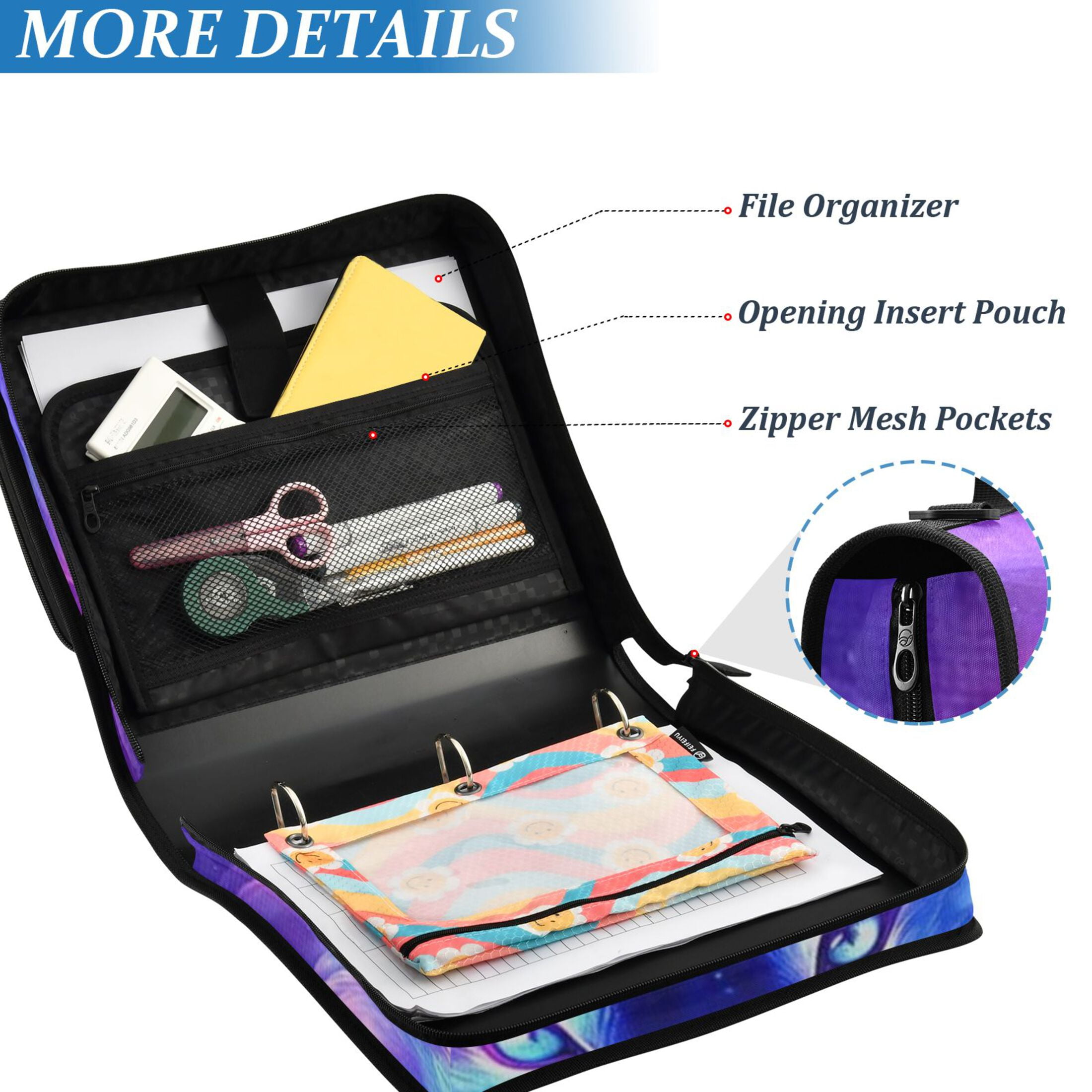 Zipper Binder Wolf Starry Sky 1.5 Inch Binder Folder Bag with Shoulder Strap and Handle