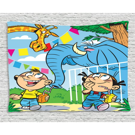 Baby Tapestry, Children with Mischievous Elephant Giraffe Pranks Juice Zoo Theme Brother and Sister, Wall Hanging for Bedroom Living Room Dorm Decor, 80W X 60L Inches, Multicolor, by
