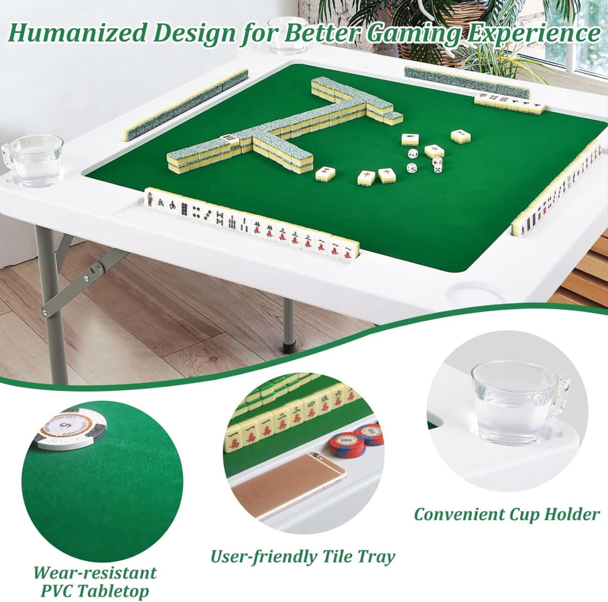 WSYW Mahjong Table with Folding Legs, 35.4x 35.4 Square Domino Game Table, Portable 4 Player Board Game Table with Cup Holders, Chip Grooves and Green Table Felt, White