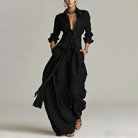 Womens Fashion Outfits Long Sleeve Button Shirt Belt Wide Leg for Pants Set for Travel Workwear Black S