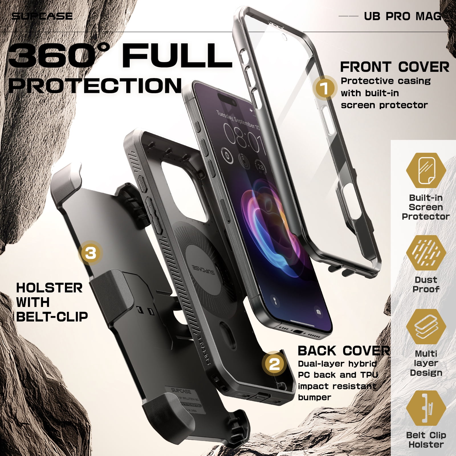SUPCASE UBPro Mag for iPhone 16 Pro 6.3" Case with Stand, [Support MagSafe] [Built-in Screen Protector & Belt Clip] [Military-Grade Protection] Magnetic Phone Case for iPhone 16 Pro, 6.3", Black