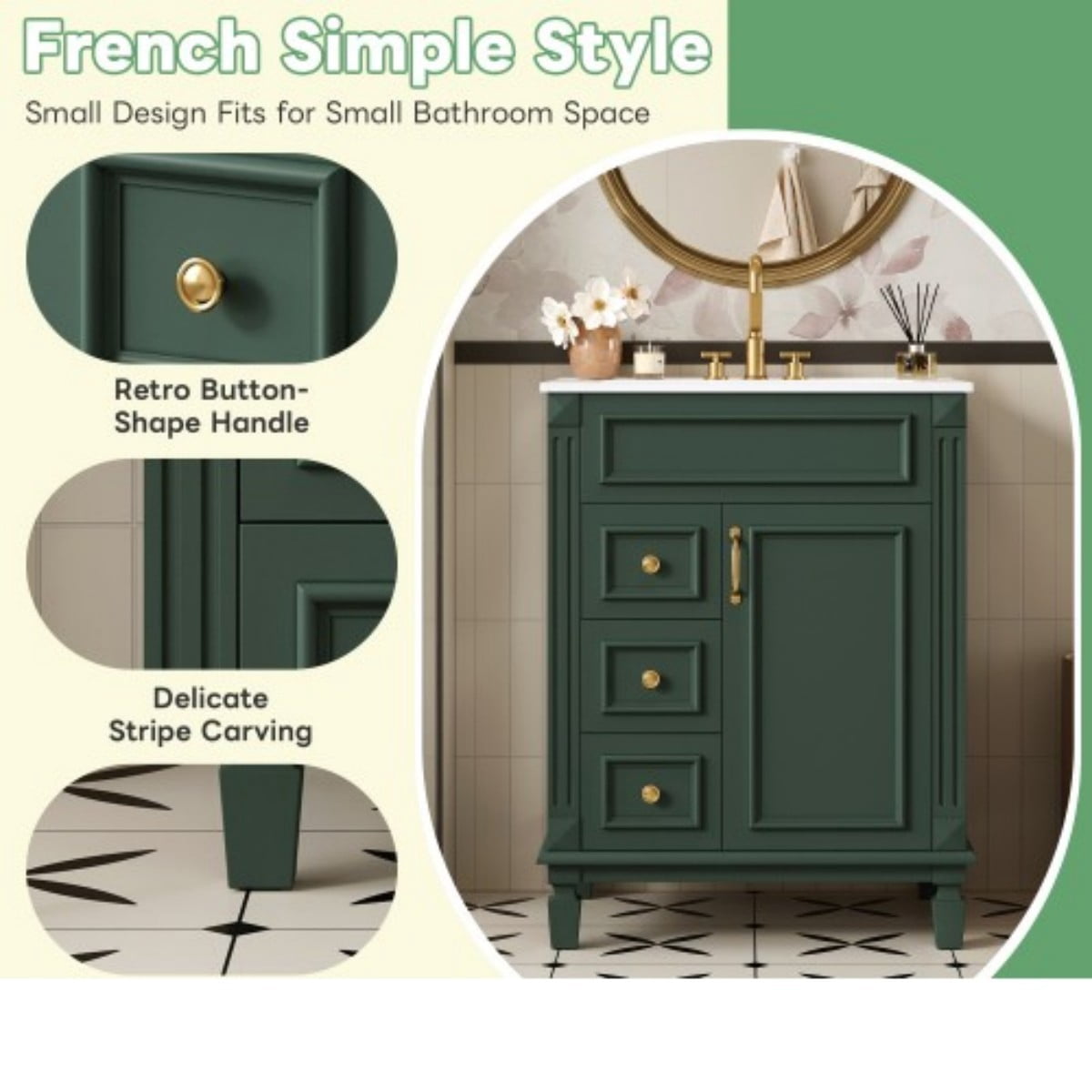 24" Bathroom Vanity with Ceramic Sink, Small Bathroom Vanity Cabinet with 2 Drawers, Adjustable Shelf, Soft-Close Door, Green