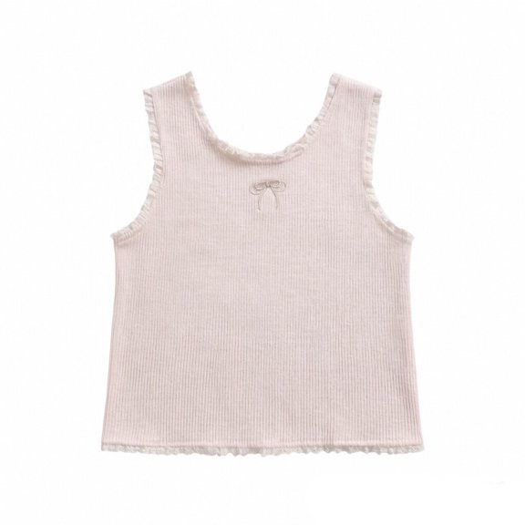 CPNG Girls Tank Tops Ribbed Sleeveless Crew Neck Solid Color Undershirts Camisole Bow Embroidery Lace Trim Cute Summer Cami