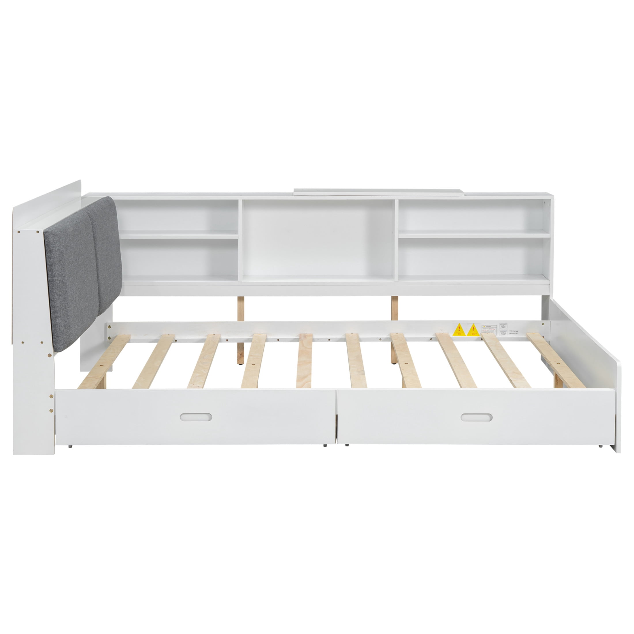 Noble House Wrene Full Size Wood Platform Bed, Storage Headboard Shelves with 2 Drawers and Rotatable Board, White