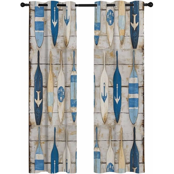 Blue Coastal Nautical Blackout Curtains For Bedroom/Living Room, Thermal Insulated Kitchen Curtains, Vintage Beach Summer Sailing Grommet Darkening Window Treatment Drapes 52"W x 90"L (Pack of 2)