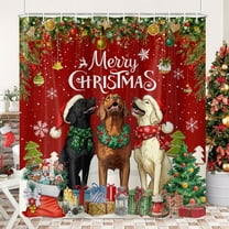 Winter Christmas Dog Shower Curtain, Funny Dogs Snowflake Xmas Tree Balls Happy New Year Holiday Red Waterproof Fabric Bathroom Curtain Set with Hooks, 69X70IN