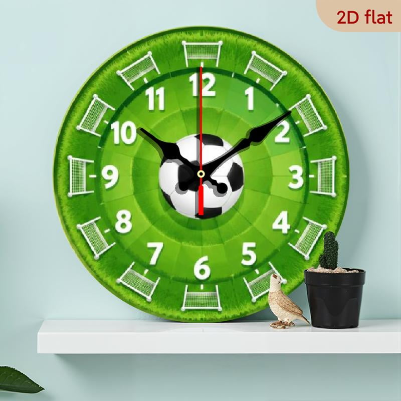 1pc Silent Soccer Ball Wall Clock - 10-Inch Round Wood with Grass Field and Goal, Battery Operated for Room or Office