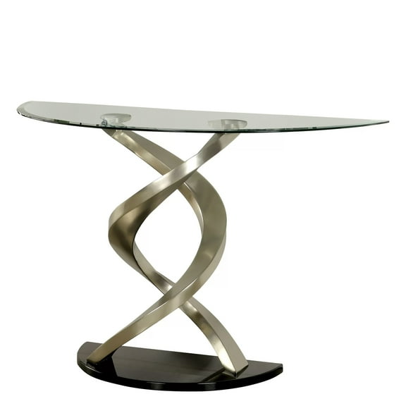 Sofa Table with Twisted Metal Base and Semi Circular Glass Top, Silver