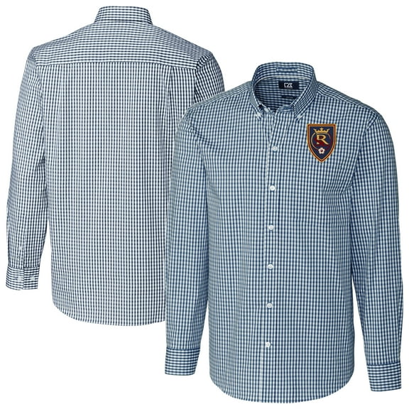 Men's-Cutter & Buck Navy Real Salt Lake Easy Care Stretch Gingham Long Sleeve Dress Top