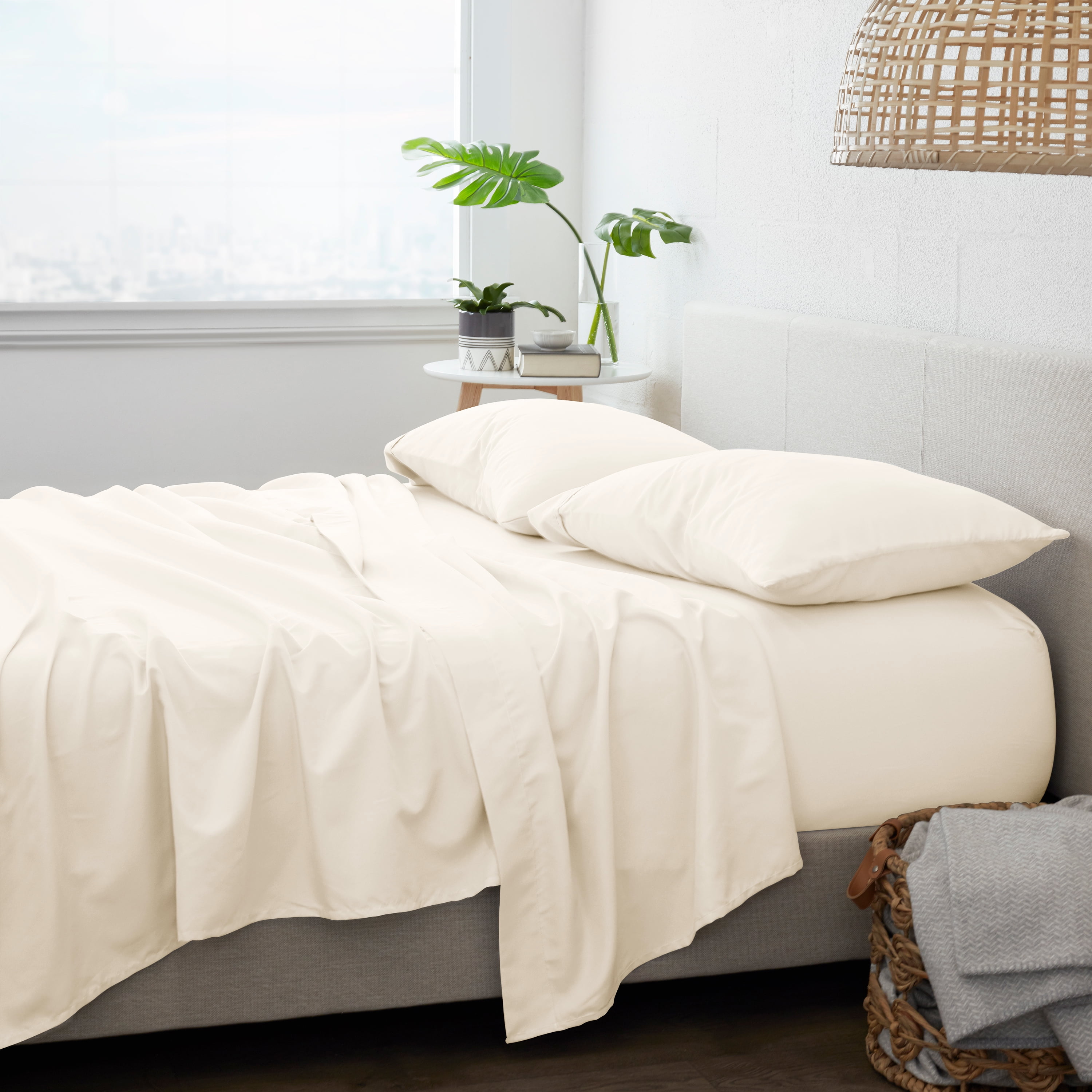 Noble Linens 4 Piece Solid Microfiber Bed Sheet Set, Ivory, TwinXL