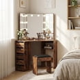thumbnail image 1 of Rustic Brown Modern Corner Vanity Desk with LED Tri-Fold Mirror, Built-in Charging Station, 5 Rotating Drawers and Storage Bench, Makeup Dressing Table for Bedroom, 1 of 6
