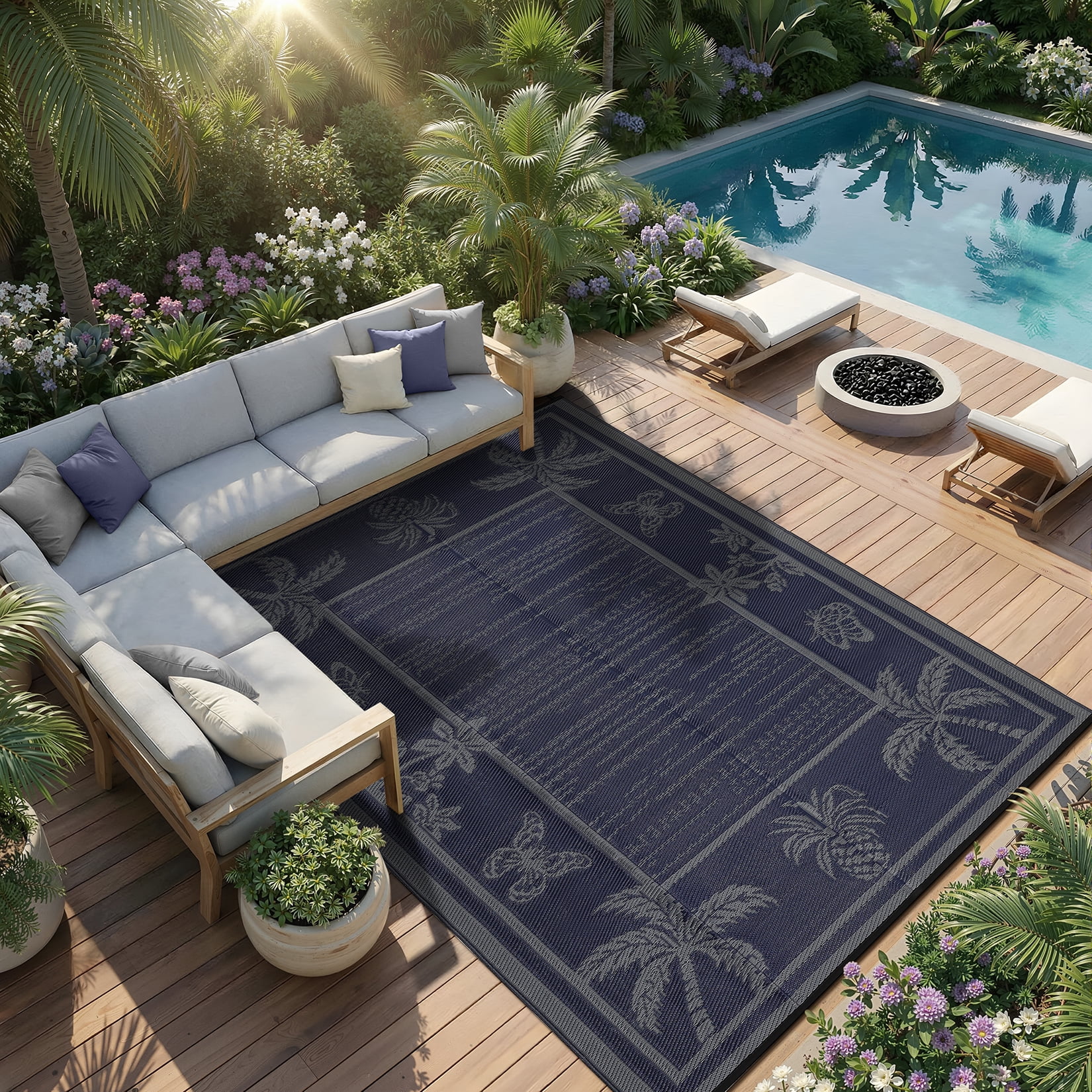 FairOnly 9'x12'Modern Tropical Floral Outdoor Rug Waterproof Reversible & Portable for Patio Poolside & Beach RV,Black Blue