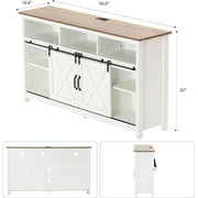 57 Farmhouse Barn Door Coffee Bar Cabinet with LED Light & Outlet & Charging Port, 4-Tier Buffet Cabinet Sideboard Kitchen Storage, White
