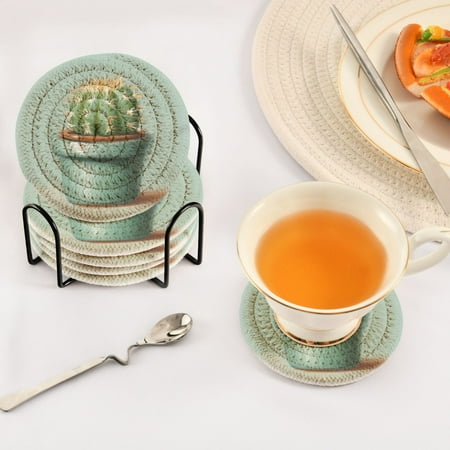 

Cactus Set of 6 Durable Woven Polyester Coasters with Black Storage Rack 4in