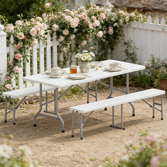 Zimtown 3-Piece Outdoor Picnic Set, 6Ft HDPE Folding Table & 2 Benches, Weather-Resistant Patio Set for Camping, Parties & Commercial Events (White)