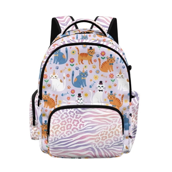 Xixirimido Cartoon Cats Floral Leopard Zebra Print 17" Kids Backpack for Boys Girls Large School Bags for Middle/High School Students Multi-pocket Book Bag for Elementary