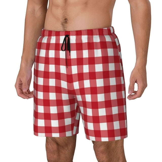 Kdxio Red Checkboard Print Mens Swim Shorts with Mesh Lining, Breathable and Quick-Drying, Adjustable Waist, Privacy Pocket-Medium