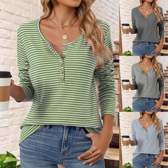 Womens T Shirts Spring Summer Casual Basic Tees Fashion Loose Long Sleeve V-Neck Striped Top