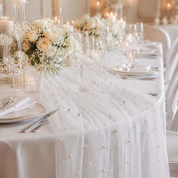 2 Pcs Pearl Table Runner with White Tulle, 10ft Elegant Pearl Mesh Table Runner for Wedding Reception, Party and Banquet Decoration, Romantic Table Decor for Bridal Events and Home Gatherings