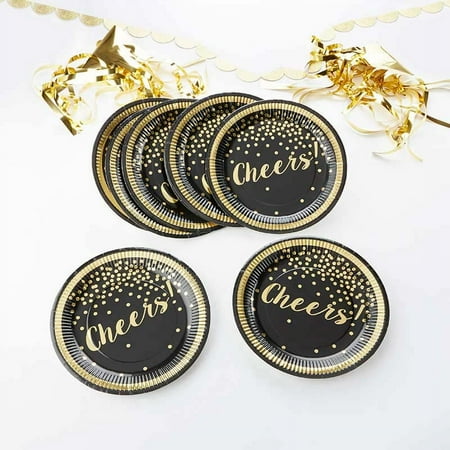 Cheers Gold Foil 9 In. Decorative Black Paper Plates (8 Sets Of 8 Sturdy Plates) Perfect For Parties, Birthdays, Weddings, Bridal Showers, Baby Showers & More