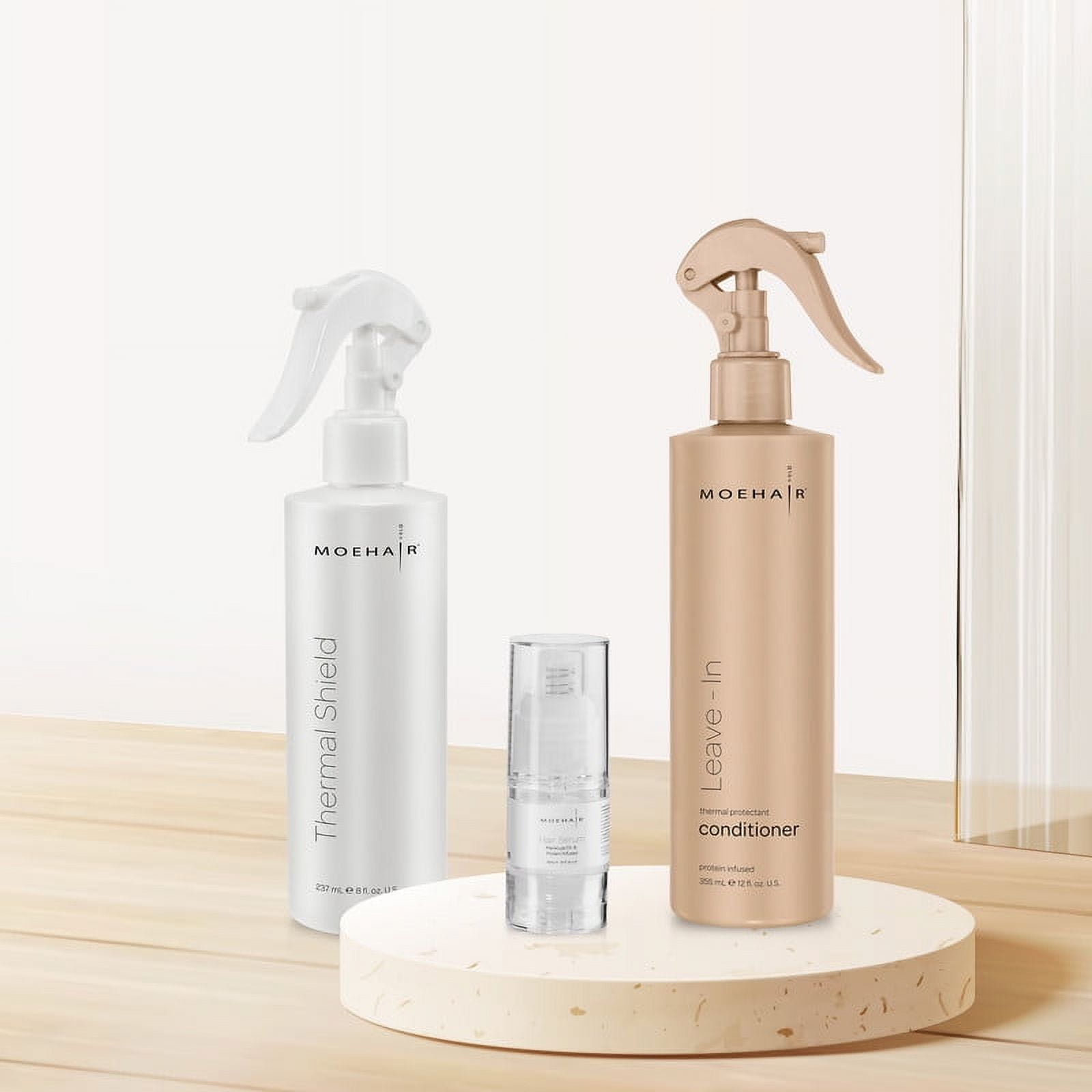 MOEHAIR Trio Pack of Leave-In Conditioner (12 Fl Oz), Thermal Shield Spray (8 Fl Oz) And Hair Serum (0.5 Fl Oz) | Deep Conditioning and Heat Protectant with Hair Serum in Travel Size