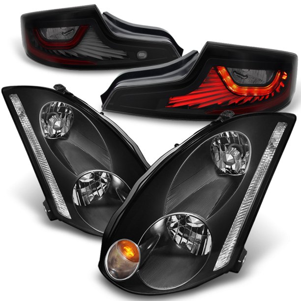 Fit 2003 2004 2005 G35 Coupe HID Black Headlights + Black Smoked LED