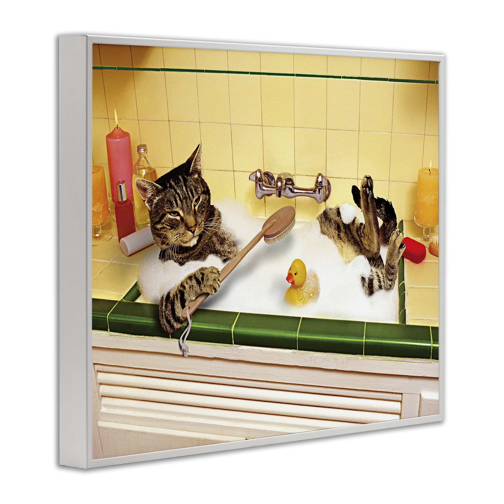 Stupell Industries Cat Bathing in Tub Typography Painting White Framed Art Print Wall Art, 30 x 24