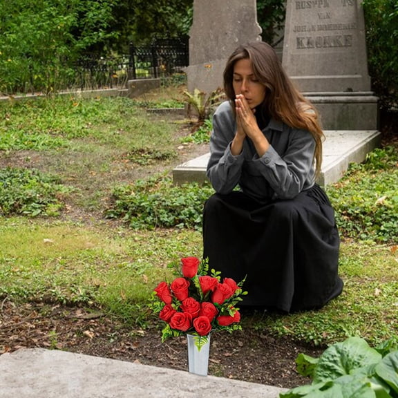 Clearance Artificial flowers under $10,A 12 Head Rose Bouquet With A Bucket Set Of Cemetery Decorative Flowers Overseas Cemetery Decorative Flowers And Artificial Flowers