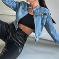 thumbnail image 4 of Women'S Denim Jacket Jean Trendy Soft Cropped Zipper Fitted Vintage Jacket Light Blue L, 4 of 9