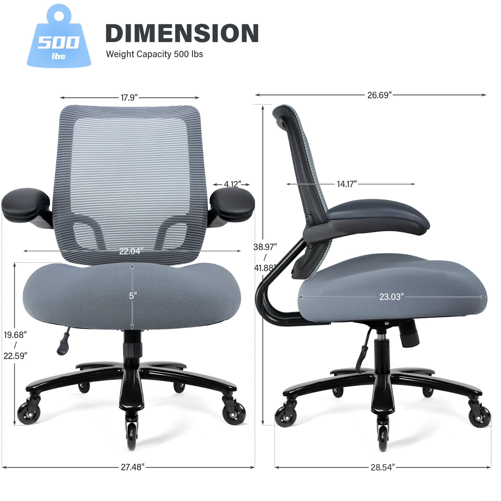Big and Tall Office Chair 500 lbs, Heavy Duty Ergonomic Mesh Computer Chair with Wide Seat, Flip-up Armrests, Metal Base and Blade Wheels, Gray
