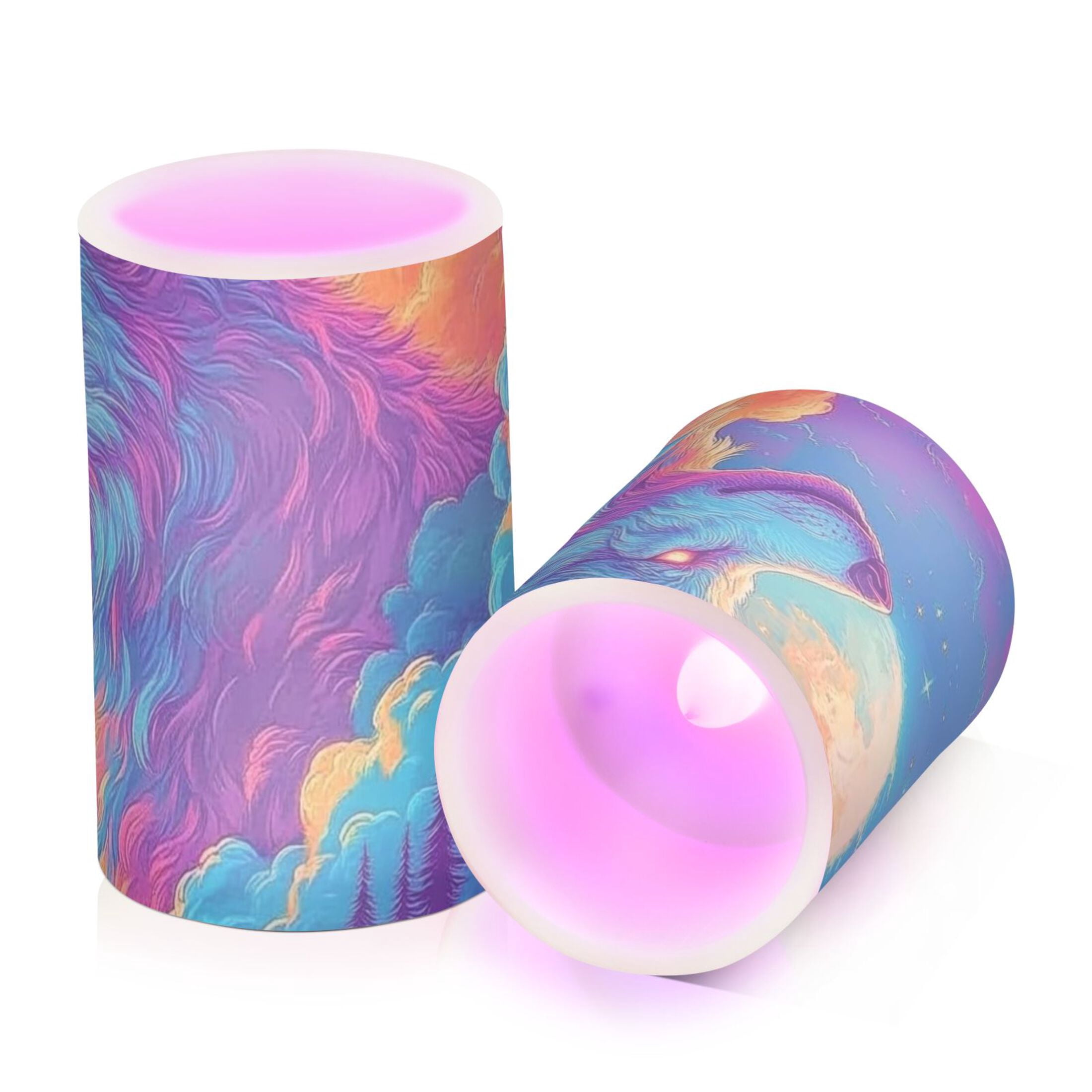 . Colorful Wolf in Clouds Flickering Flameless Candles Battery Operated with Remote Timer LED Pillar Candles Set of 2