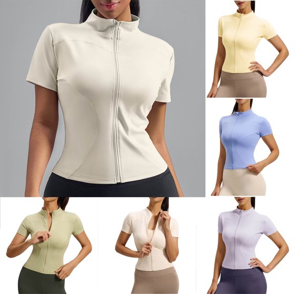 Smsaxvxz Womens Summer Yoga Tops Fashion Round Neck Short Sleeve Zipper Casual Slim Sport T-shirts White S