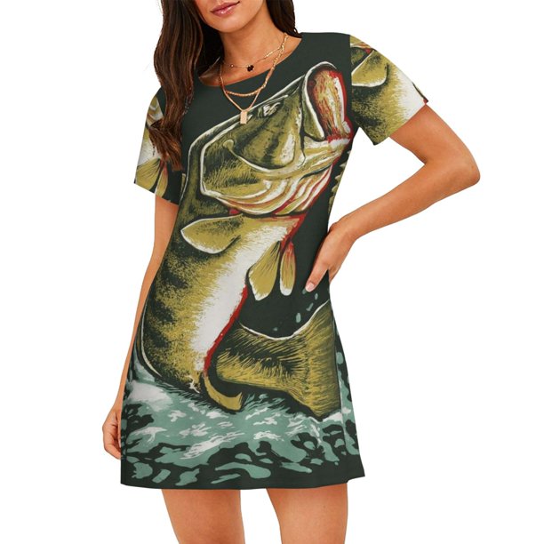 Disketp Largemouth Bass jumps out of water para Camisón Corto de Manga Corta para Mujeres, Camisón Cómodo con Escote Redondo, Bonito y Confortable