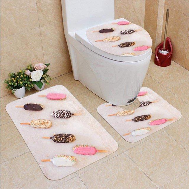 ABPHQTO Barra de helado un palo Juego de alfombras de baño de 3 piezas Alfombra de baño Alfombra de contorno y tapa de inodoro